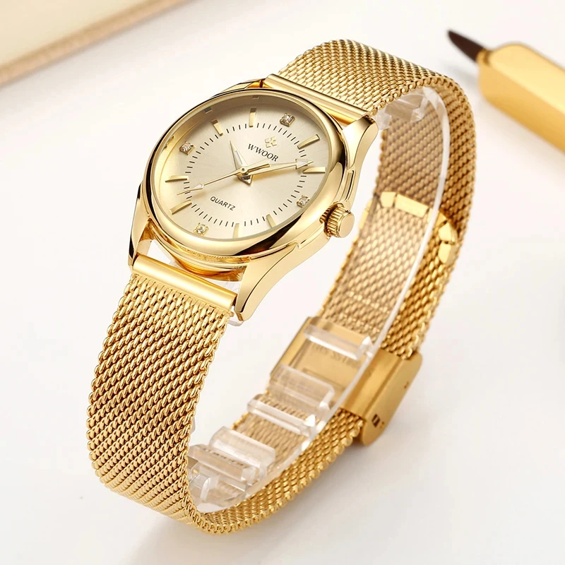 WWOOR, reloj dorado de marca d - Mesh Stainless Strap reseña y precio